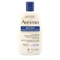 Aveeno anti-itch concentrated lotion bottle showing calamine and triple oat complex for soothing relief.