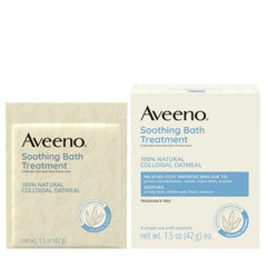 Aveeno bath packet dispersing in warm water for calm, cleansing experience.