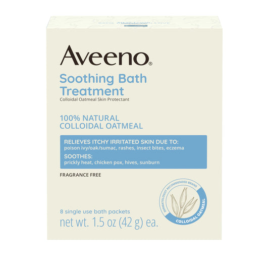 Aveeno fragrance-free soothing bath treatment packet for gentle itchy-skin relief.