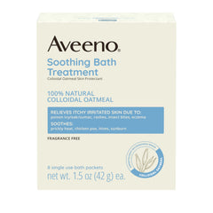 Aveeno fragrance-free soothing bath treatment packet for gentle itchy-skin relief.