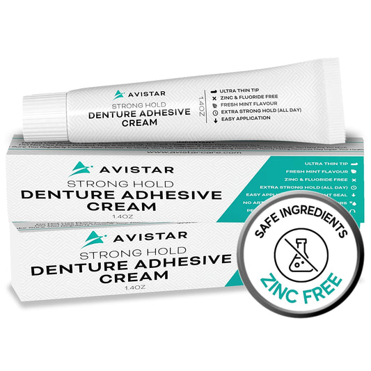 Two Avistar denture adhesive cream tubes 2-pack front view