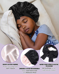 Awaytr kids satin bonnet with elastic band highlighting edge protection during sleep.