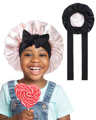 Awaytr kids satin bonnet flat lay with soft double-layer satin for gentle protection.