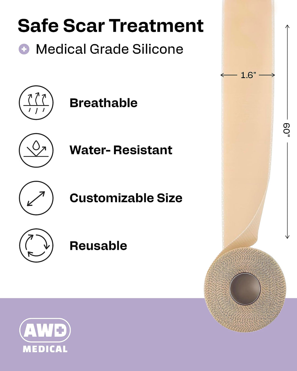 Packaging indicating HSA/FSA eligibility for AWD silicone scar tape.