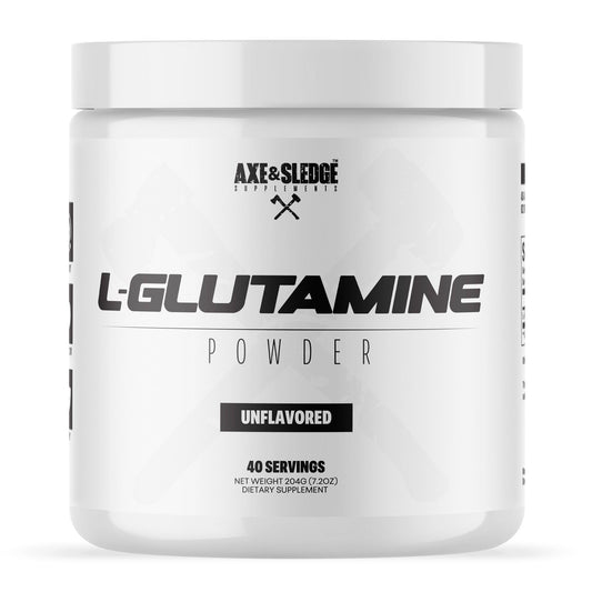 Axe & Sledge Basics Glutamine bottle with 40 servings label