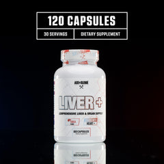 Liver+ capsules beside the packaging on a white surface