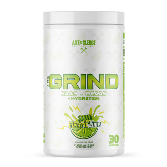 Axe & Sledge The Grind Essential Amino Acids powder in Sour Electric Lime flavor, 30 servings