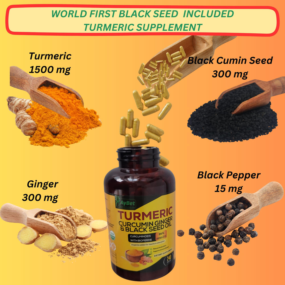 AyBet Turmeric Curcumin Ginger & Black Seed Oil ingredients close-up