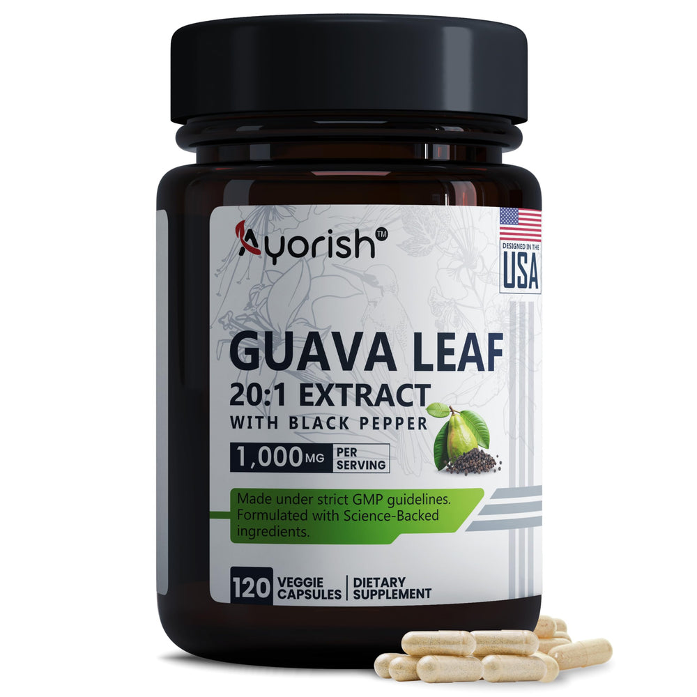 Bottle of Ayorish Guava Leaf Extract 1000mg with 120 vegetarian capsules