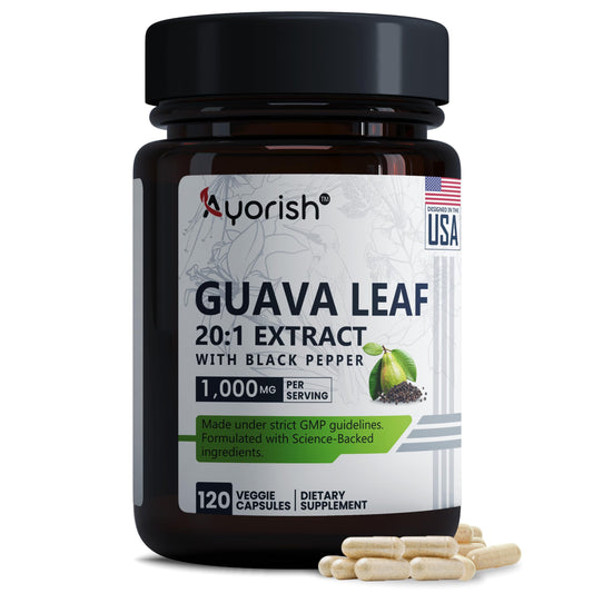 Bottle of Ayorish Guava Leaf Extract 1000mg with 120 vegetarian capsules