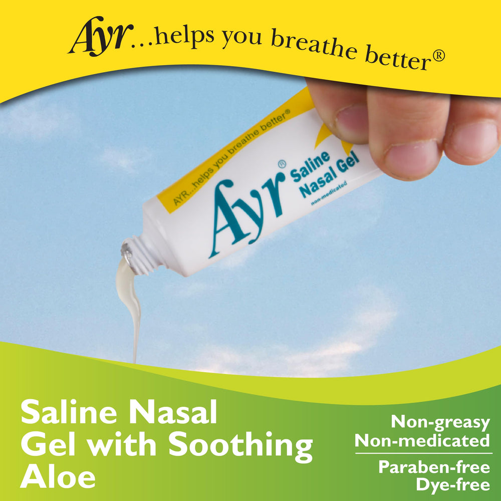 AYR Saline Nasal Gel travel-kit communicates portable dryness relief.