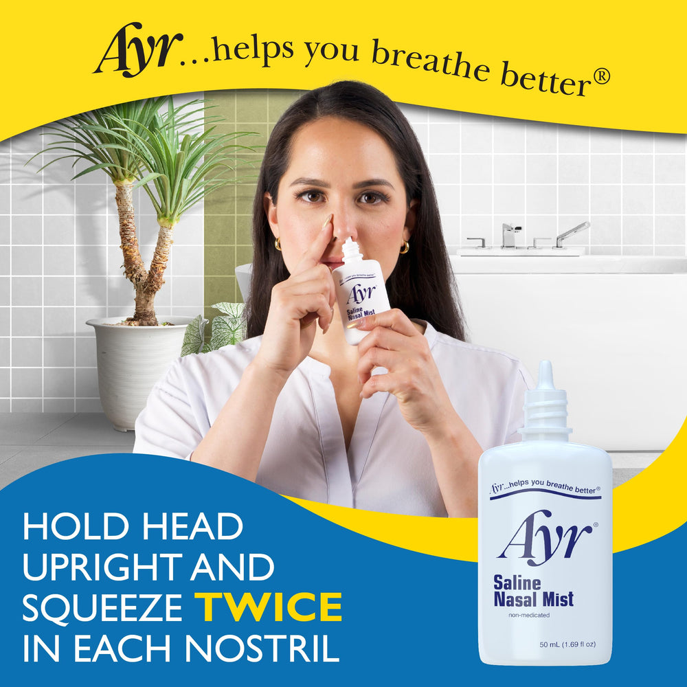 AYR Saline Nasal Mist dry nose relief for daily comfort.