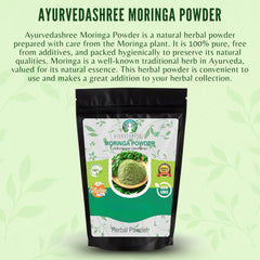 Lab tested purity badge on Moringa powder packaging