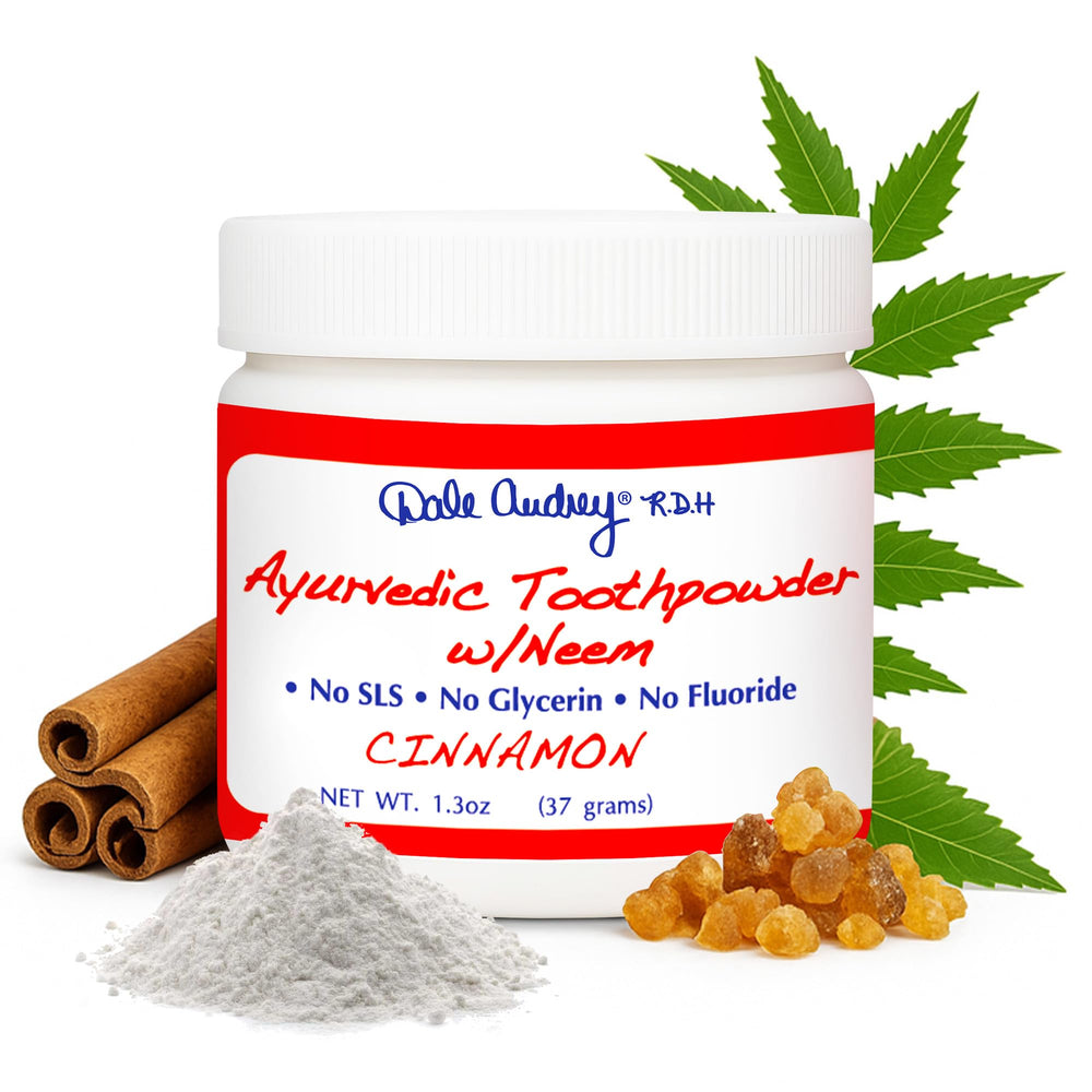 Ayurvedic cinnamon-flavored remineralizing tooth powder packaging