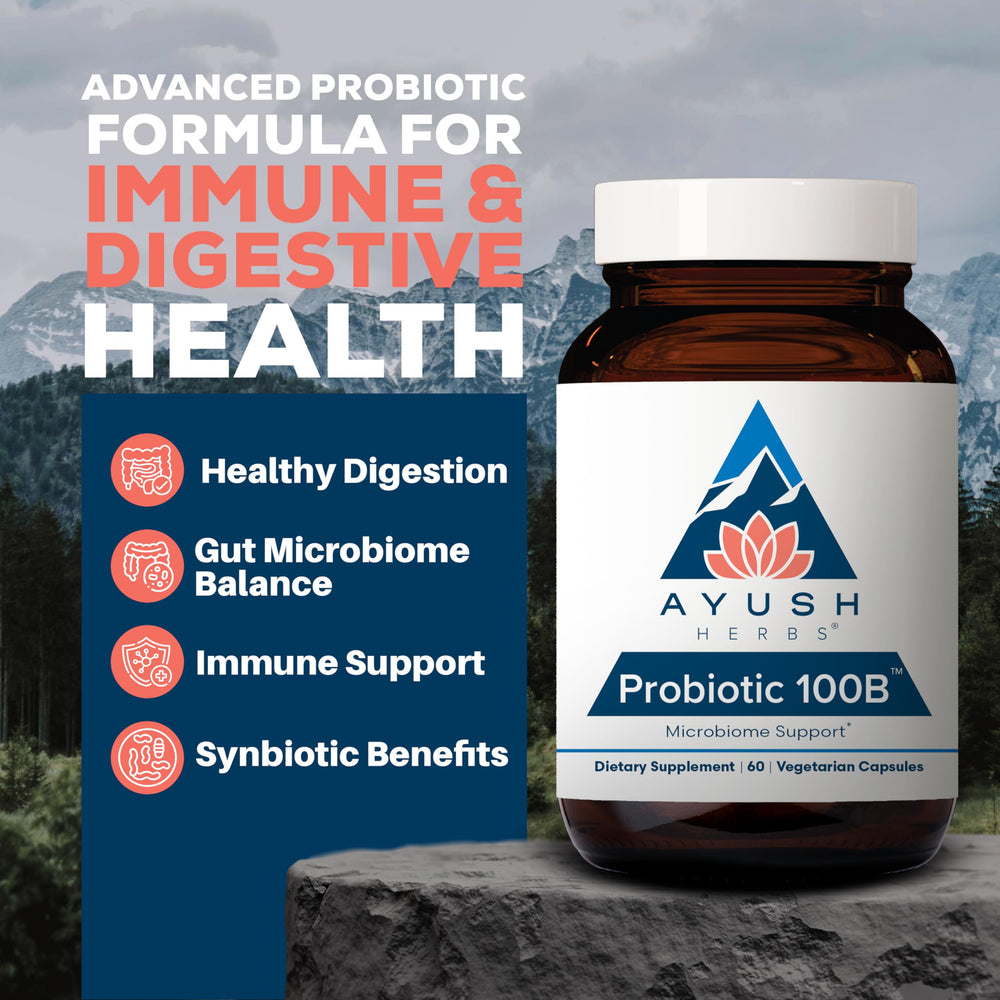 Ayush Herbs All-Natural Probiotic 100B bottle back showing AY147 batch details