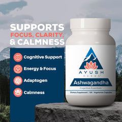Ayush Herbs Ashwagandha Capsules label closeup highlighting Himalayan root extract