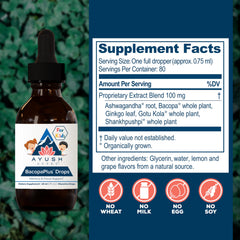Close-up of BacopaPlus Drops bottle and dropper