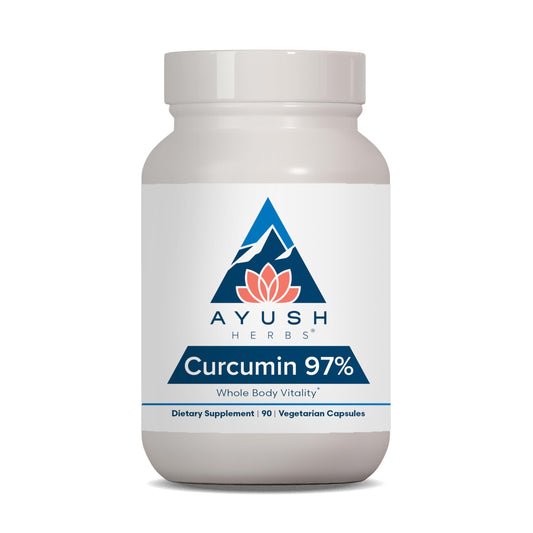 Ayush Herbs Curcumin 97% bottle front with 90 vegetarian capsules