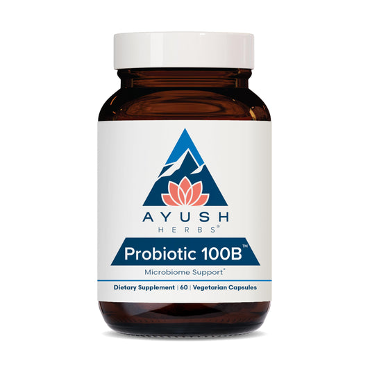 Ayush Herbs Probiotic 100B bottle label on white background