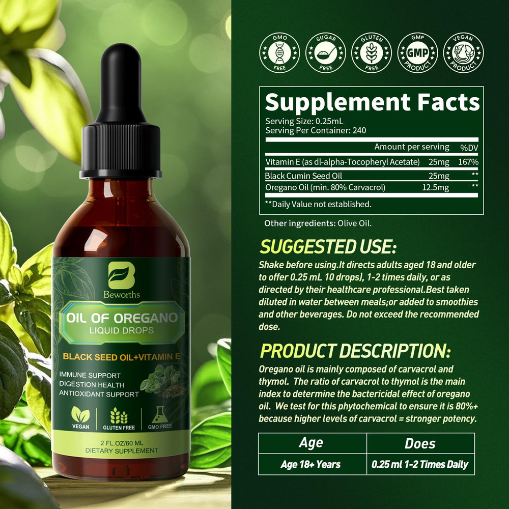 Oregano oil drops bottle showing black seed oil and vitamin E ingredients