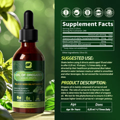 Oregano oil drops bottle showing black seed oil and vitamin E ingredients