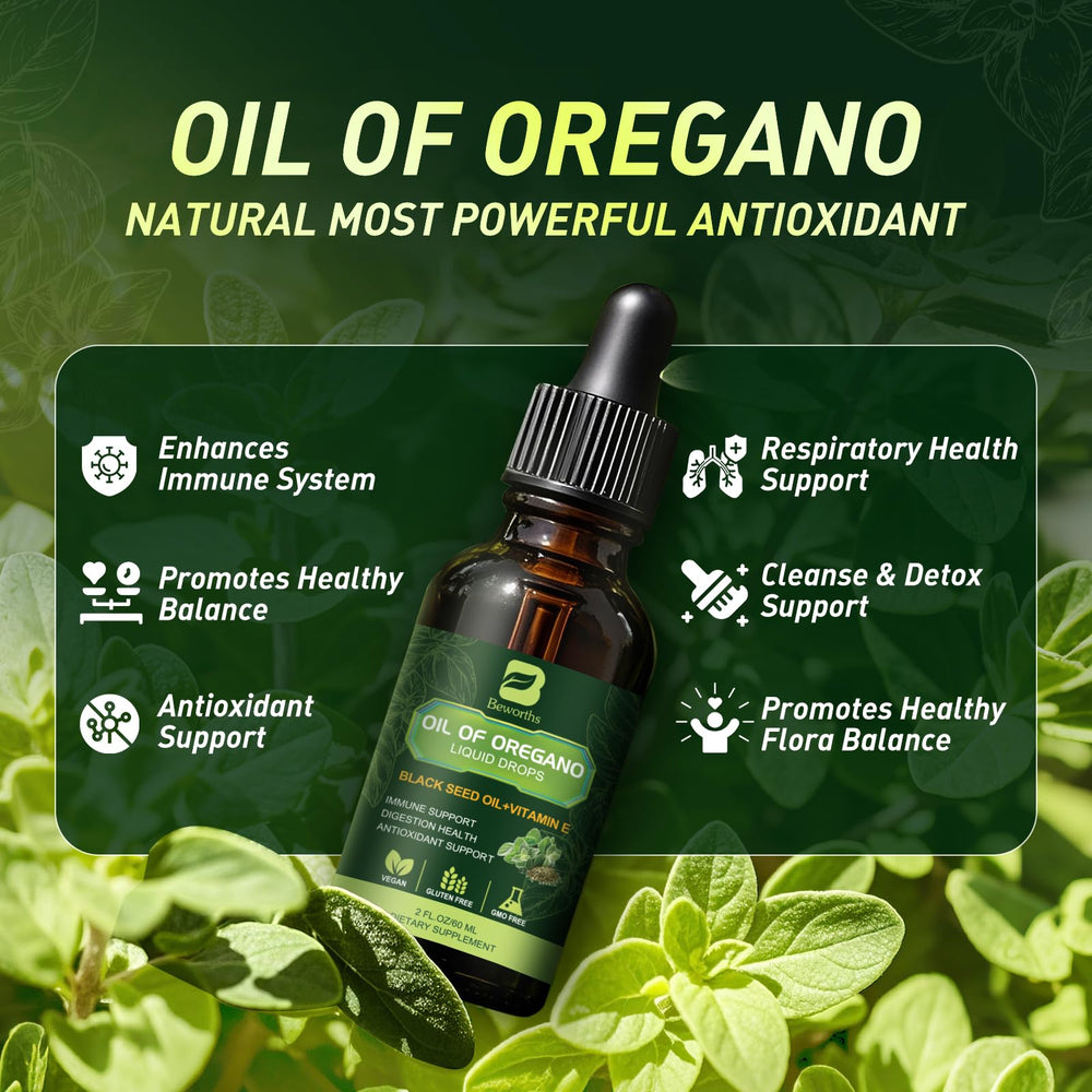 Product packaging of B Beworths Oregano Oil Drops 4 oz