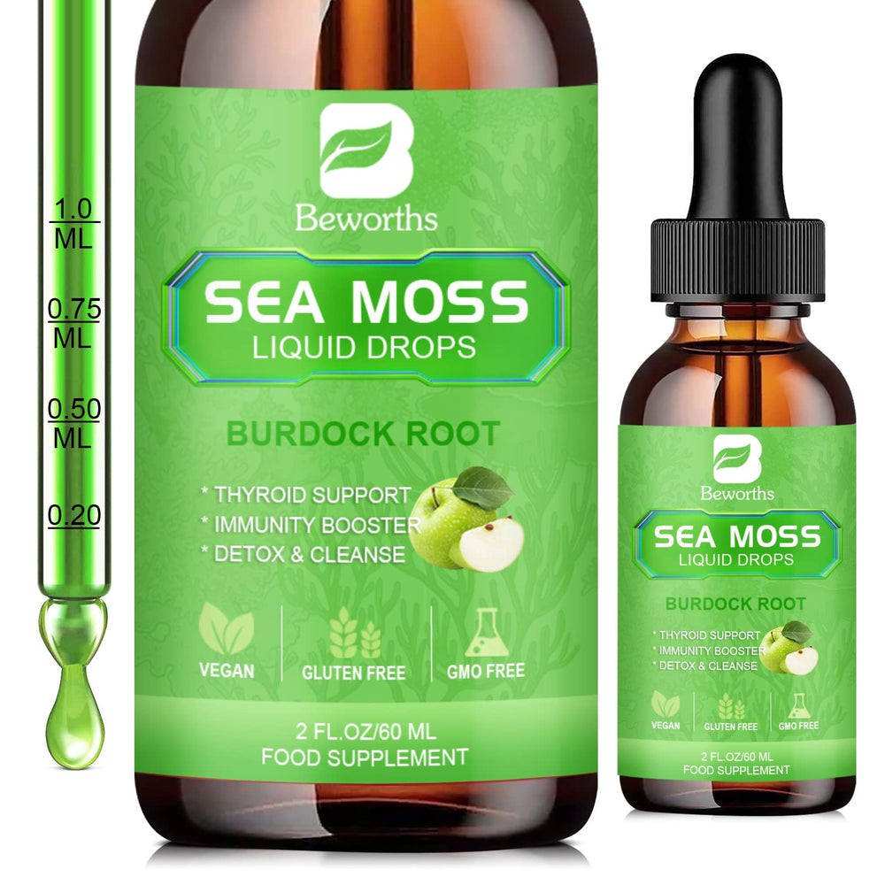 B BEWORTHS Sea Moss Liquid Drops bottle with Organic Irish Sea Moss and Burdock Root ingredients