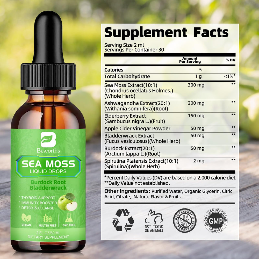 Close-up of Sea Moss Liquid Drops bottle and label