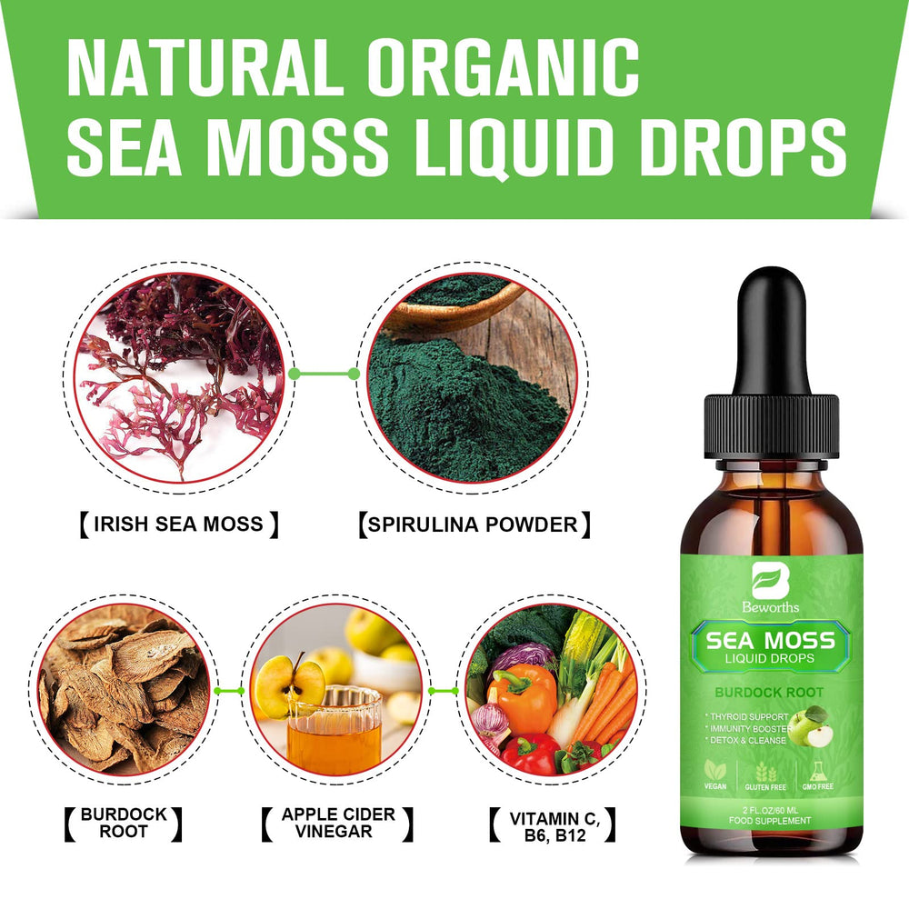 Ingredients including Irish sea moss, burdock root, and spirulina powder
