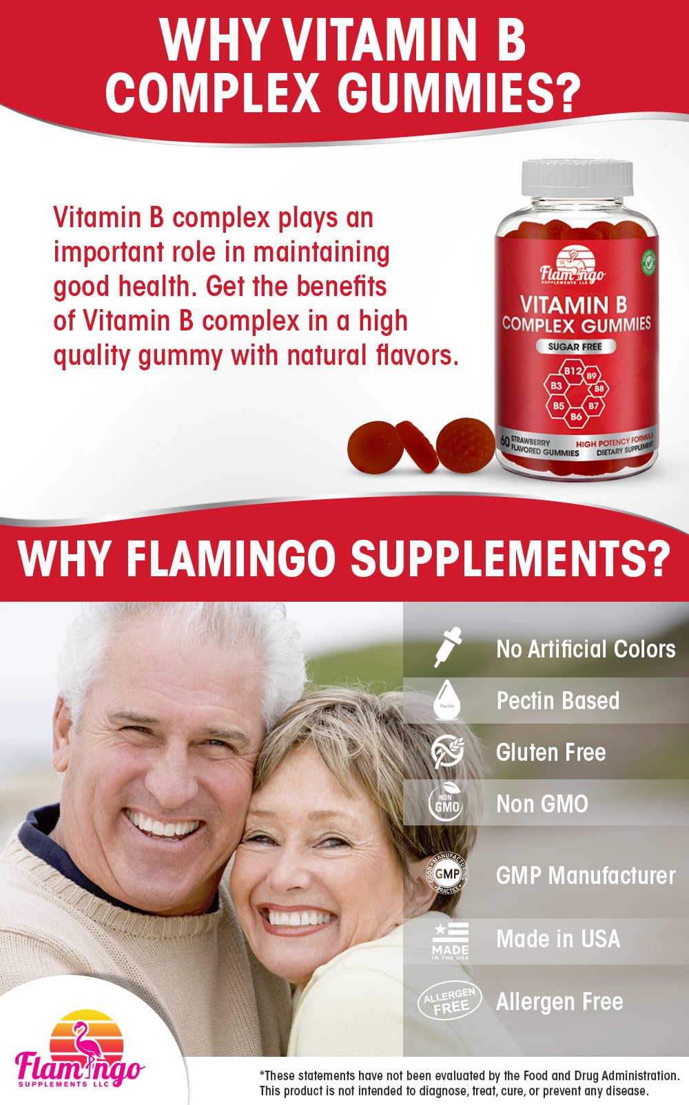 Ingredients highlight showing B vitamins: B3 Niacin, B6, B7 Biotin, B9 Folate, B12