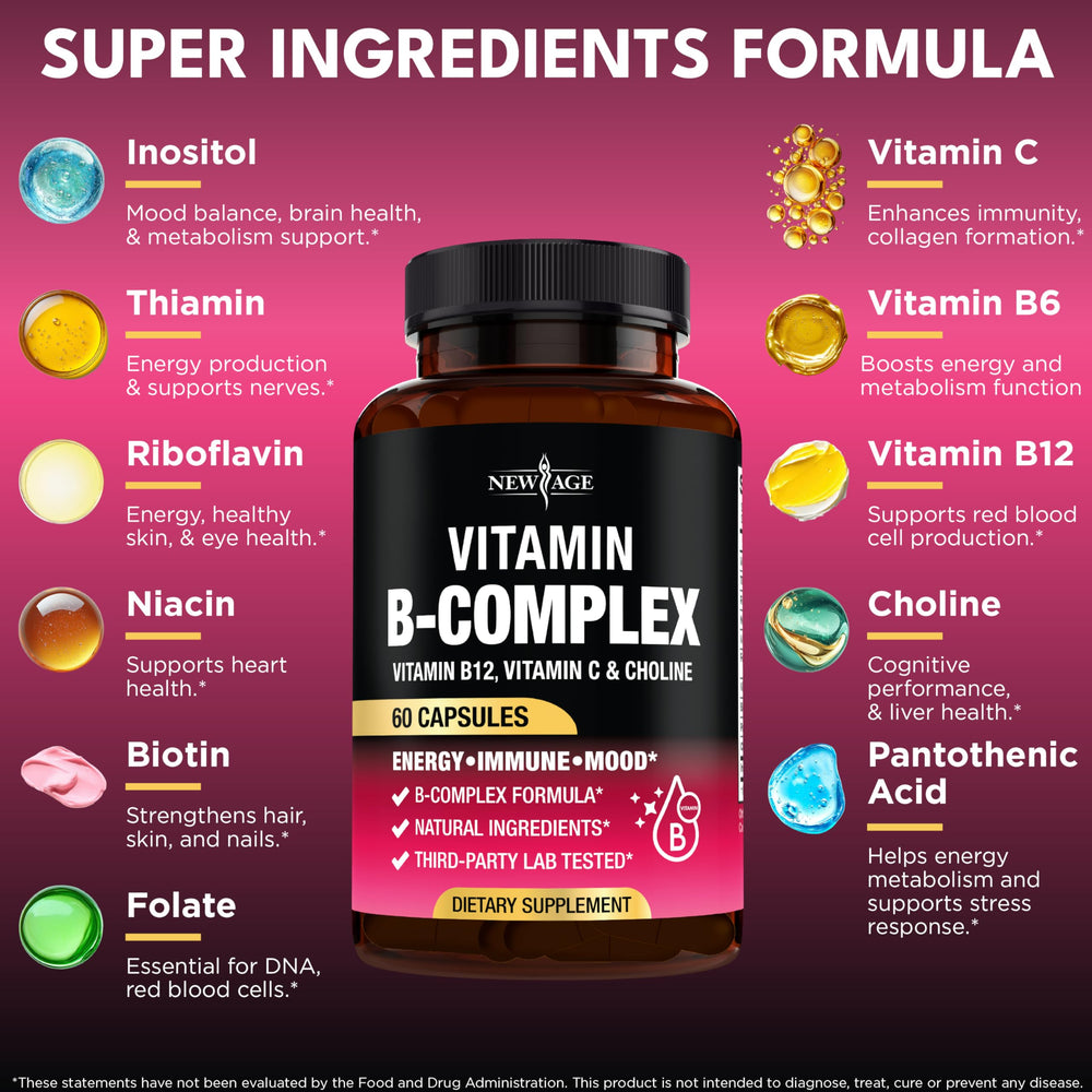 Close-up of B complex vitamins highlighting energy, brain and heart support