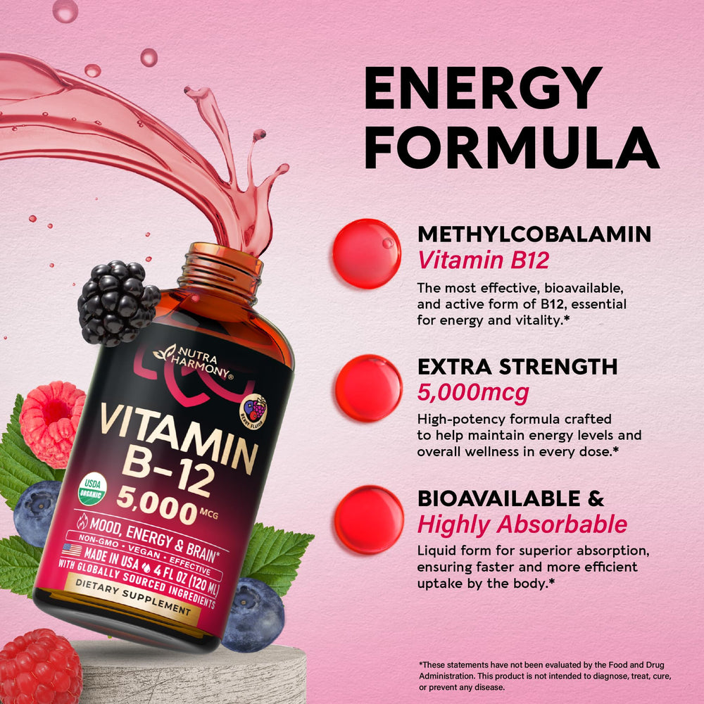 Illustration showing energy focus and mood benefits of B12 drops