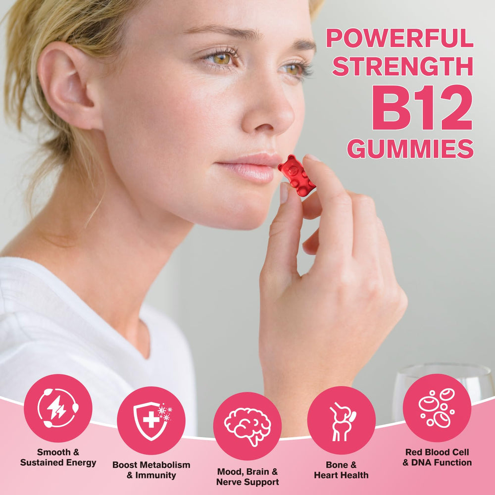 Energy-boosting B12 gummies highlighting 5000mcg dose