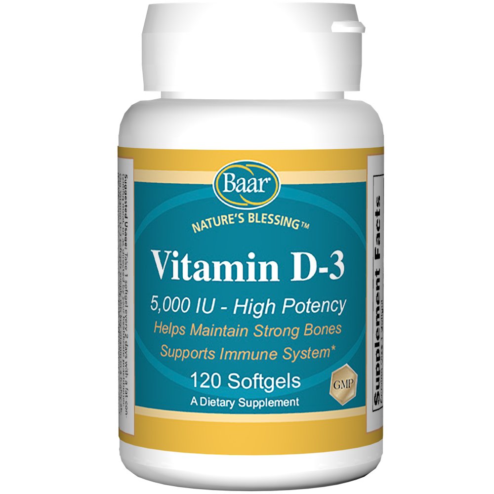 Baar Vitamin D-3 Softgels 5000 IU 120-count bottle (hero image)