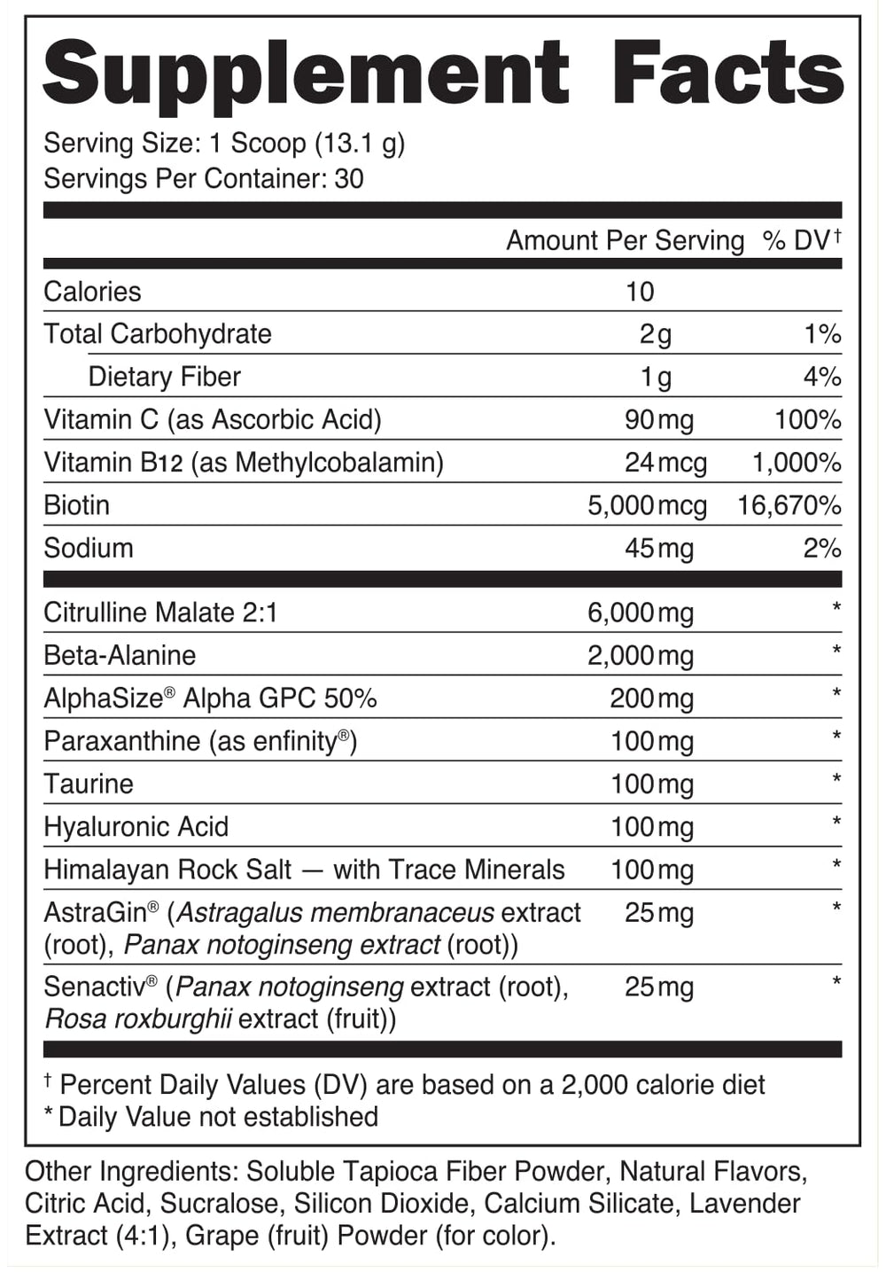 Banner highlighting ingredients and trademarked components of Babe Pre Workout