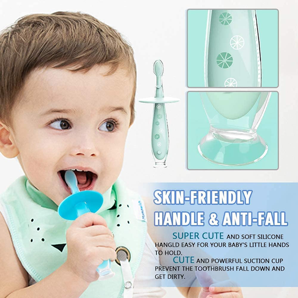 Baby toothbrush with suction base attached to table to prevent falls