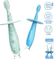 Baby brushing teeth with suction base toothbrush