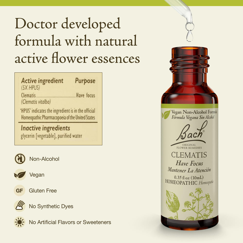 Close-up of Clematis focus bottle with dropper