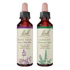 Bach Original Flower Remedies 2-Pack open up to others with Agrimony and Water Violet bottles
