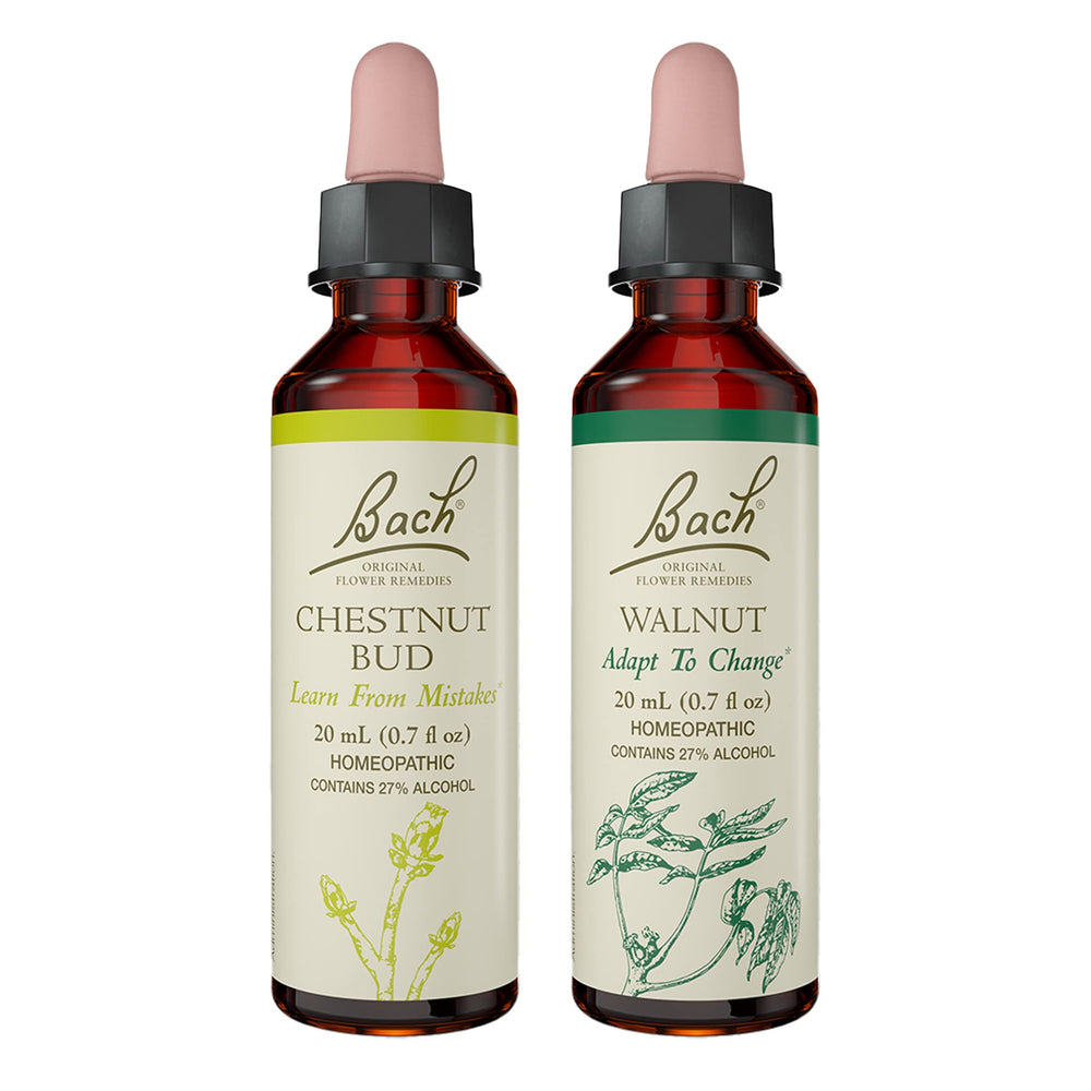 Front view of Bach Original Flower Remedies 2-Pack with Chestnut Bud and Walnut 20ml dropper bottles