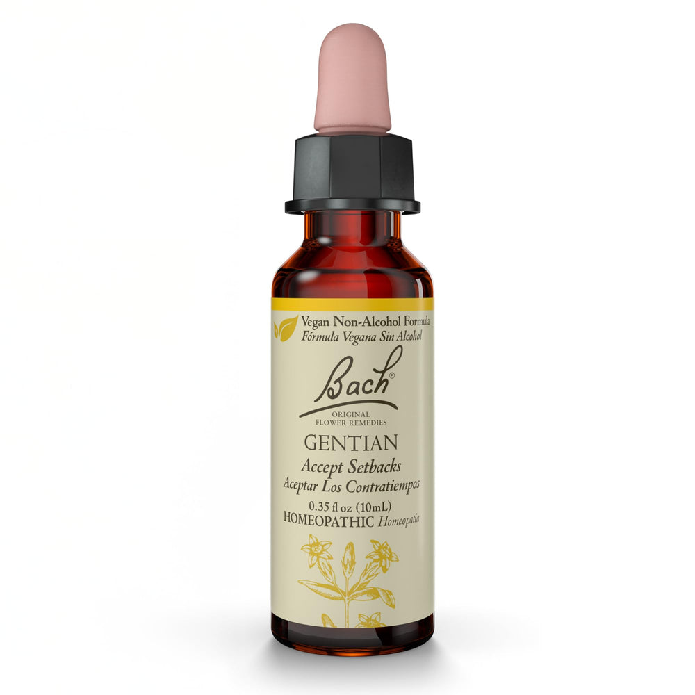 Bach Gentian Non-Alcohol Flower Remedy bottle on pedestal