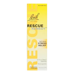 Close-up of yellow Rescue Remedy dropper bottle