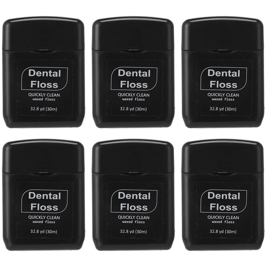 Baderke 6-pack waxed dental floss black rolls – travel size packaging