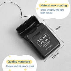Close-up of waxed dental floss threading between teeth
