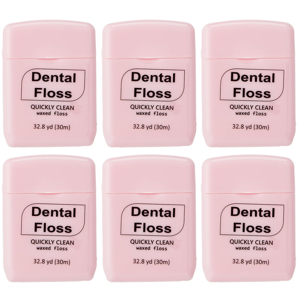 Baderke 6-pack pink waxed dental floss packaging with six rolls