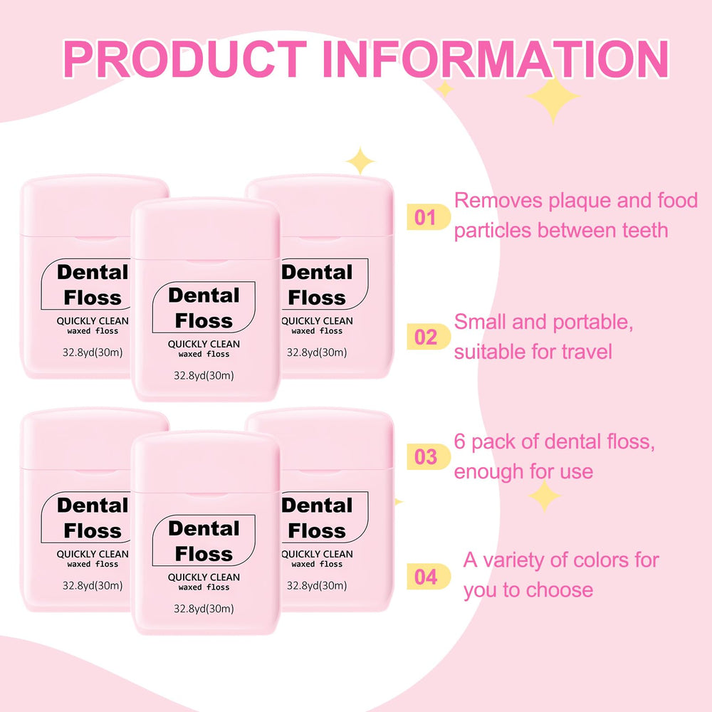 Six pink waxed dental floss rolls for travel and family care