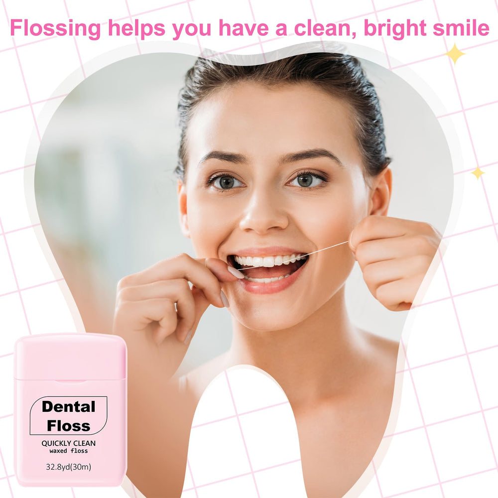 Travel-ready six-roll dental floss bundle in pink