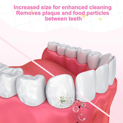 Close-up of floss being gently used between teeth (pink waxed floss)