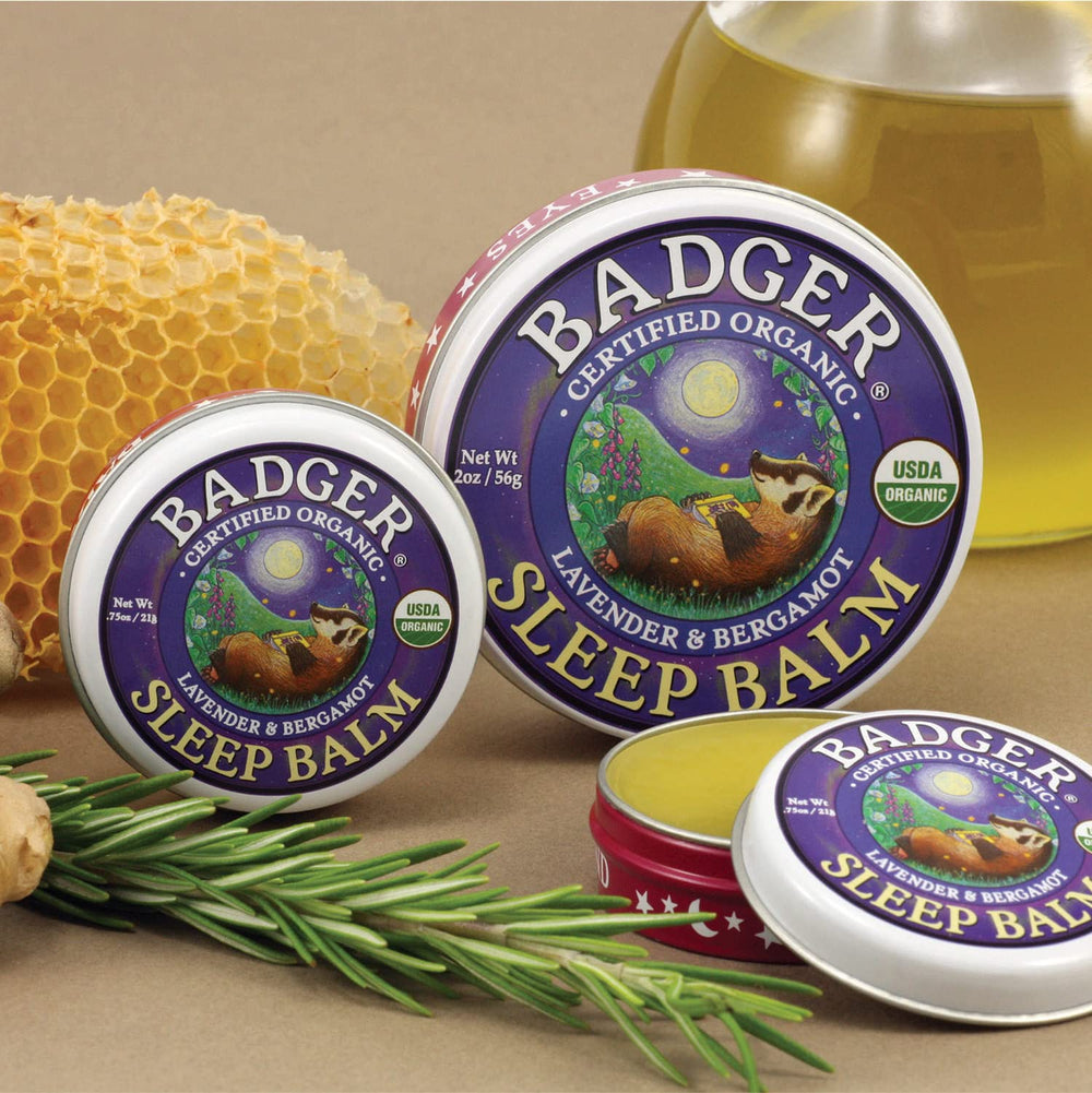 Badger Sleep Balm packaging emphasizes organic ingredients and eco-friendly design.