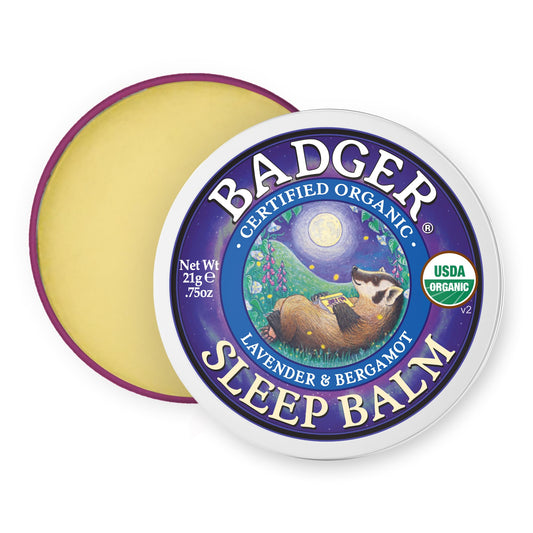 Badger Sleep Balm tin close-up for nighttime calm